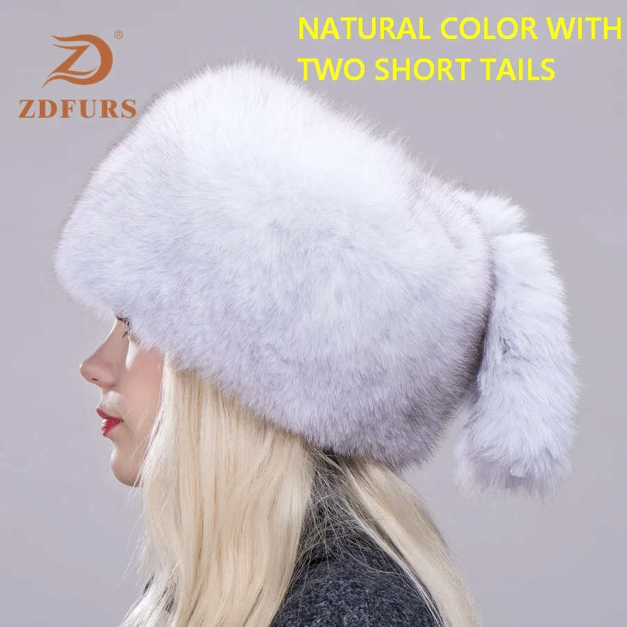 ZDFURS* Женская русская ушанка Авиатор Охотник лисий мех бомберы шапка натуральный Лисий мех шапки купол монгольская шапка - Цвет: blue fox 2 tails