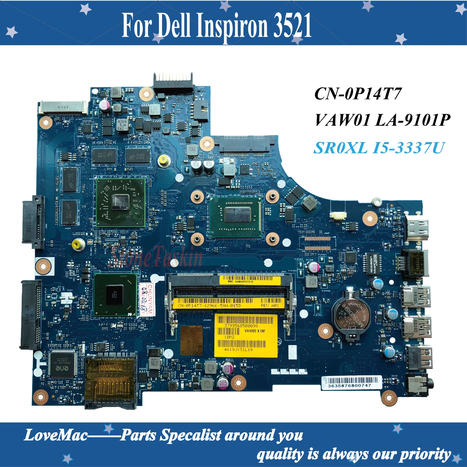 High quality CN-0P14T7 For DELL 3521 5521 Laptop Motherboard VAW01 LA-9101P REV:1.0 SR0XL I5-3337U CPU HD8730M 2GB 100% tested