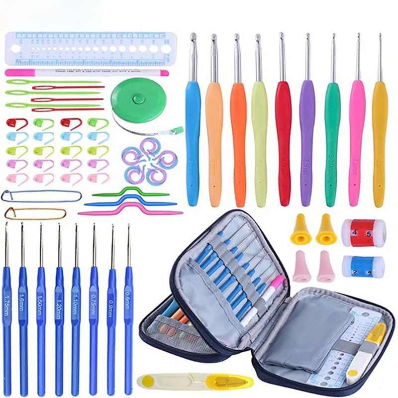 Набор крючков для вязания 17 шт. спицы пряжа с синим чехлом ножницы линейка наборы