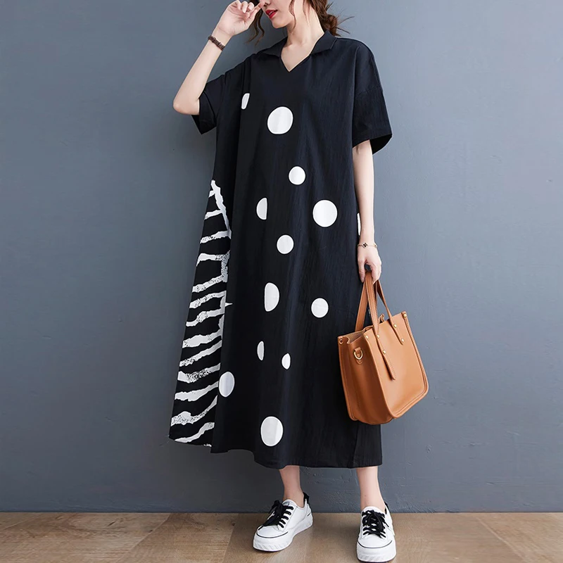 

Vestidos De Verano 2022 Newest Summer Fashion Dots Print Runway Midi Dress Woman`s Short Sleeve Cotton Elgant V-Neck Loose Dress