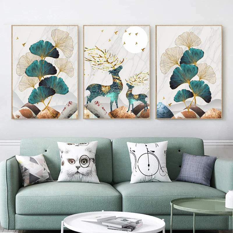 

Abstract Gold Elk Leaf Deer Decor Landscape Wall Poster Canvas Paintings Nordic Wall Art Pictures for Interior Home Decor