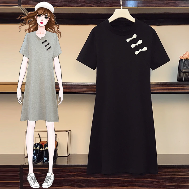 

5XL Plus Size Women Chinese Vintage Cheongsam Dresses Summer 2021 Cute Bow Button Short Sleeve Loose Casual Cotton Tshirt Dress