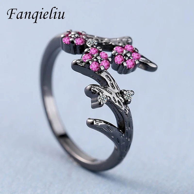

Fanqieliu Free Size Adjustable Cuff Wedding Bands Black Vintage Jewelry Pink Crystal 925 Sterling Silver Ring For Women FQL21232