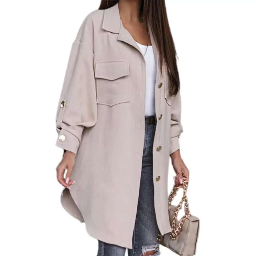 

Roll-Up Long Sleeve Solid Color Shirt Coat Women Turn-down Collar Flap Pockets Single-Breasted Women Jacket Casual Outerwear