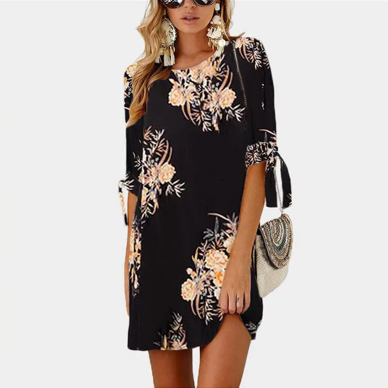 LEH Women Summer Dress Boho Style Floral Print Chiffon Beach Tunic Sundress Loose Mini Party Vestidos Plus Size | Женская одежда