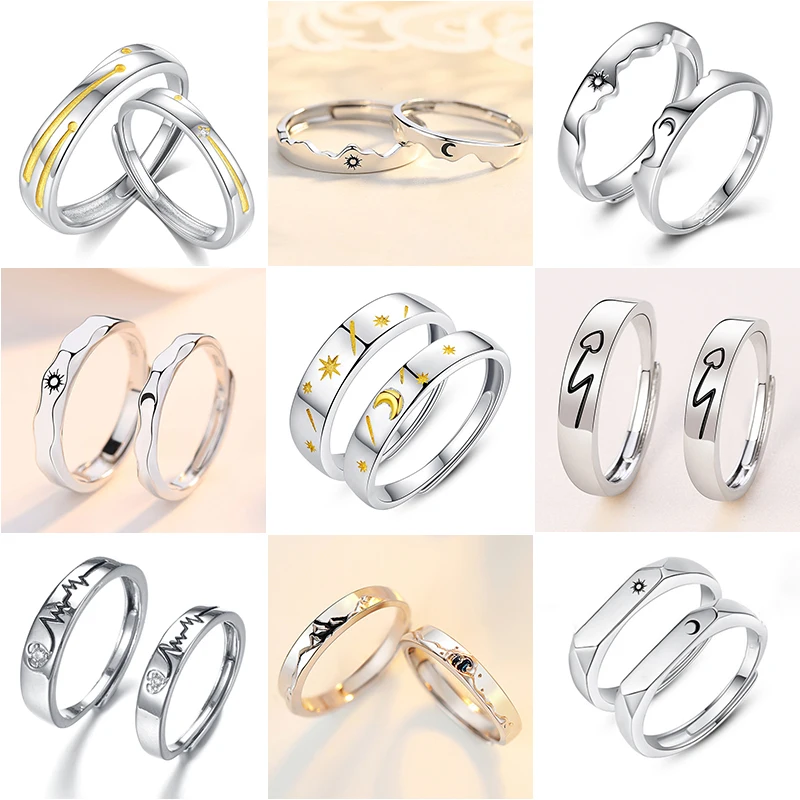 

Love Heart Electrocardiogram Couples Rings Adjustable Size Matching Rings Paired for Women Men Wedding Gift 2021 Trend