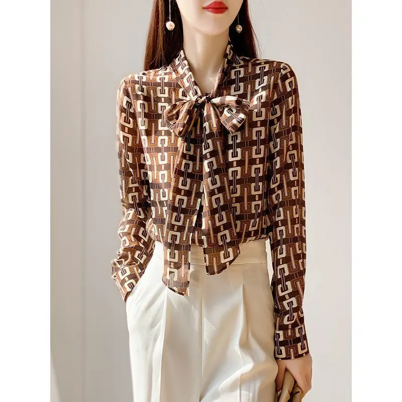 

Striped Printed Fashionable Bow Long-Sleeved Shirt for Women 2021 Spring New Top Retro Fashion