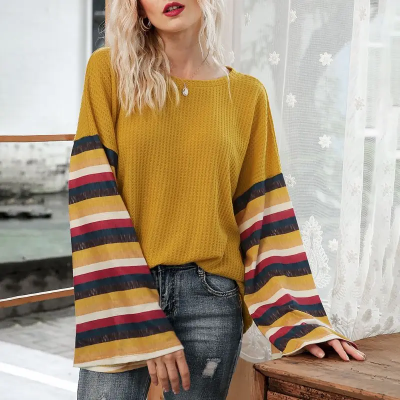 

Womens Autumn Flare Long Sleeves Sweater O-Neck Color Block Striped Patchwork Loose Tops Waffle Knitted Casual Pullover Jumpers