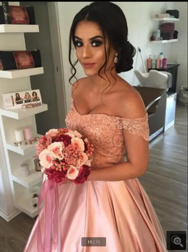 

2021 robe de soiree pink satin ball gown prom dresses off the shoulder v neckline lace appliques beaded party gowns hot sale