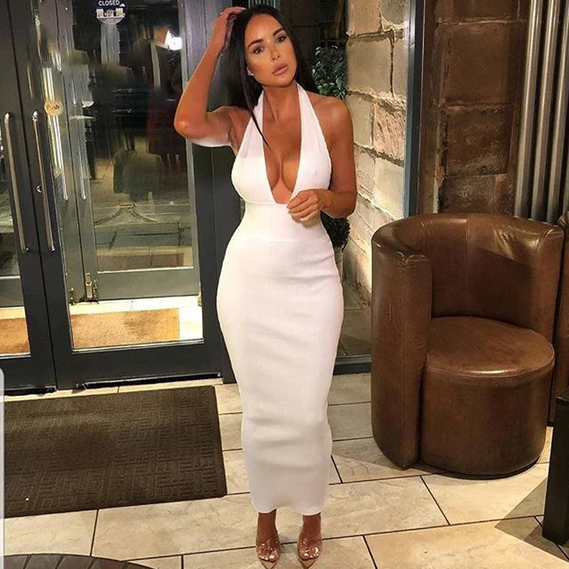 Женское облегающее платье EvaQueen белое Клубное с глубоким v образным вырезом