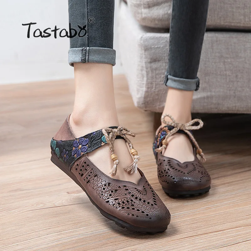 

Tastabo Genuine Leather Handmade Women Shoes Retro Casual shoes Hollow tie Brown Red S2515 Asakuchi soft-soled Mom shoes Flat