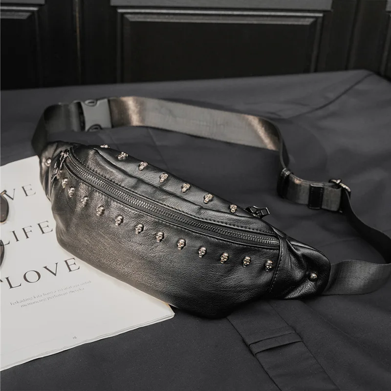 

Поясная сумка для мужчин, модная нагрудная сумочка из черной искусственной кожи с черепом, забавные мужские Клатчи через плечо для телефона