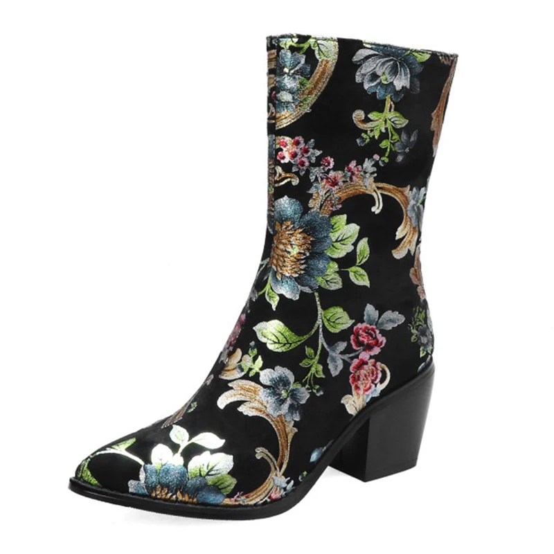 

Dilalula Vintage Flowers Print Boots Women Mid-calf Fashion Elegant Pointed Toe High Heels Ethnic women's Boots Shoes Woman 44