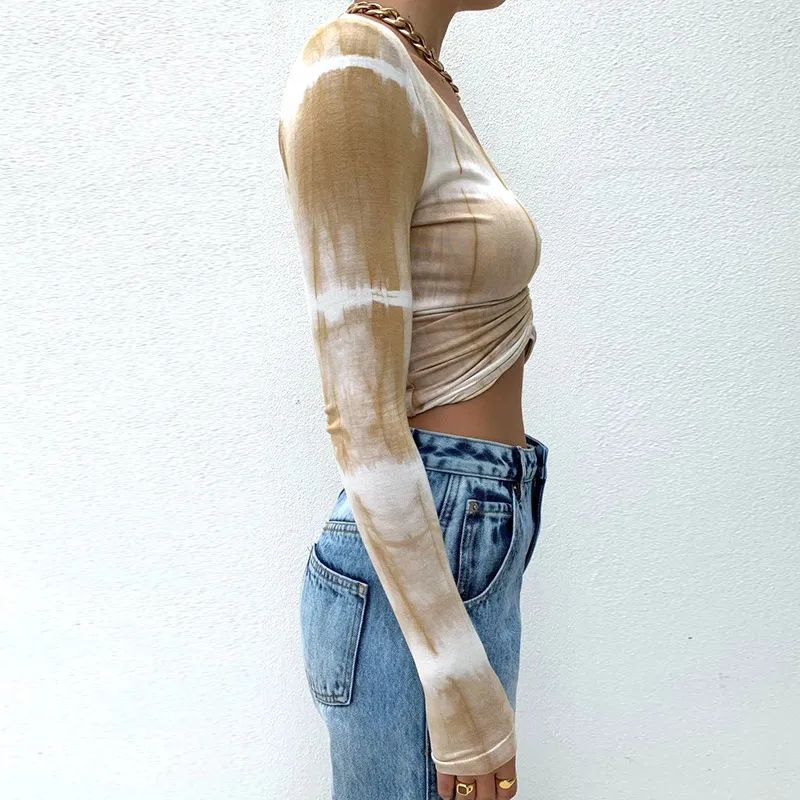 

2021 Autumn Summer Fashion Women Sexy V Neck Tie Dye Ruched Crop Top Female Long Sleeve Drawstring Ribbed Blouse Shirt