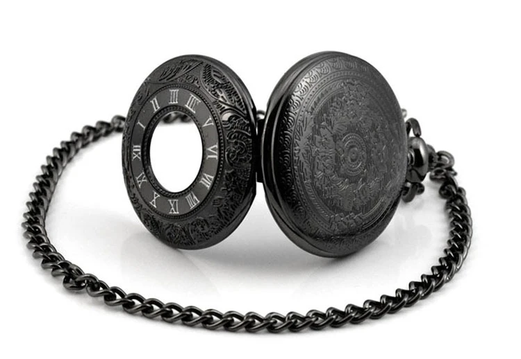 

47mm Diameter Black Vintage Retro Quartz Steampunk Pocket Watch With 37cm Pendant Necklace Chain Gift