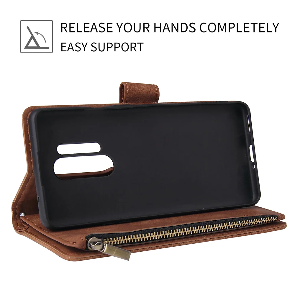 zipper wallet leather case for oneplus 7 7t 8 pro one plus 8 18 luxury flip card slots stand holder phone bags cover coque free global shipping
