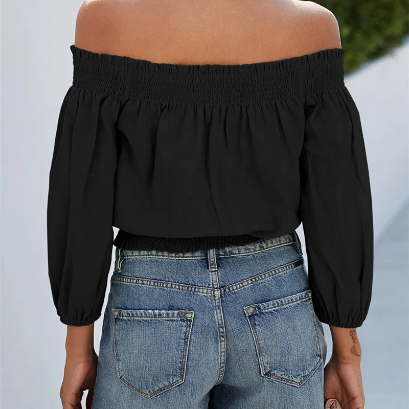 

Women's Summer Spring 2021 New Solid Button Blouse Slash Neck Long Lantern Sleeve Backless Fashion Ladies Blouses