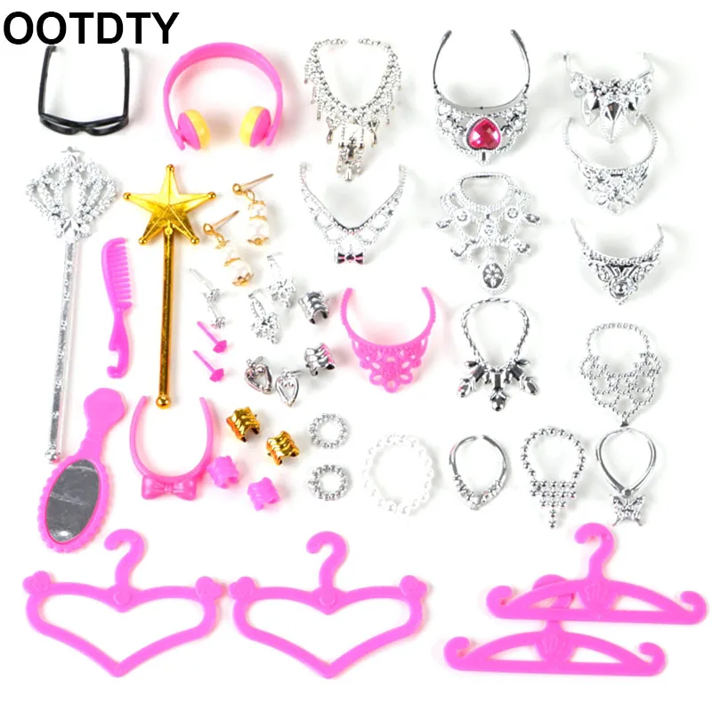

38pcs/Set Barbi Doll Accessories Simulation Jewelry Necklace Crown Earrings Pink Hanger Mirror Comb For Barbi Doll Toys