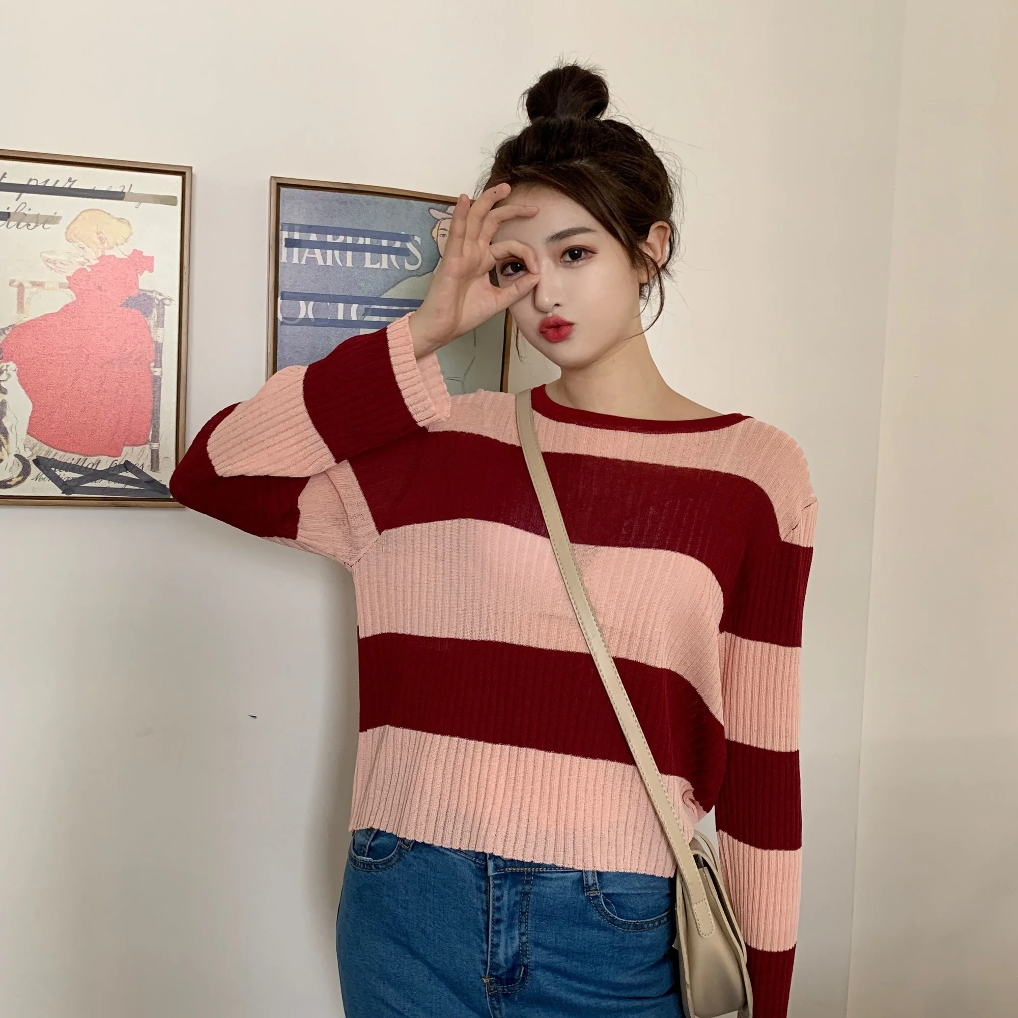 Black White Striped Contrast Color Knitted Long-Sleeved T-shirt for Women Early Autumn Thin Sweet Spicy College Style Rac | Женская