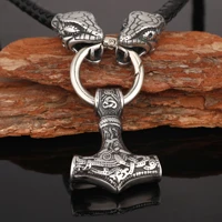 nordic men necklace viking thors hammer stainless steel snake head leather chain accessories viking jewelry