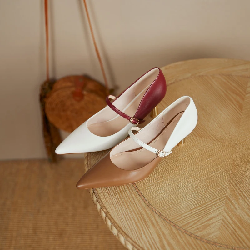 

HOT Sale Women Pumps Genuine Leather 22-25 cm length Mary Jane shoes Solid color pointed toe Color block buckle metal heel