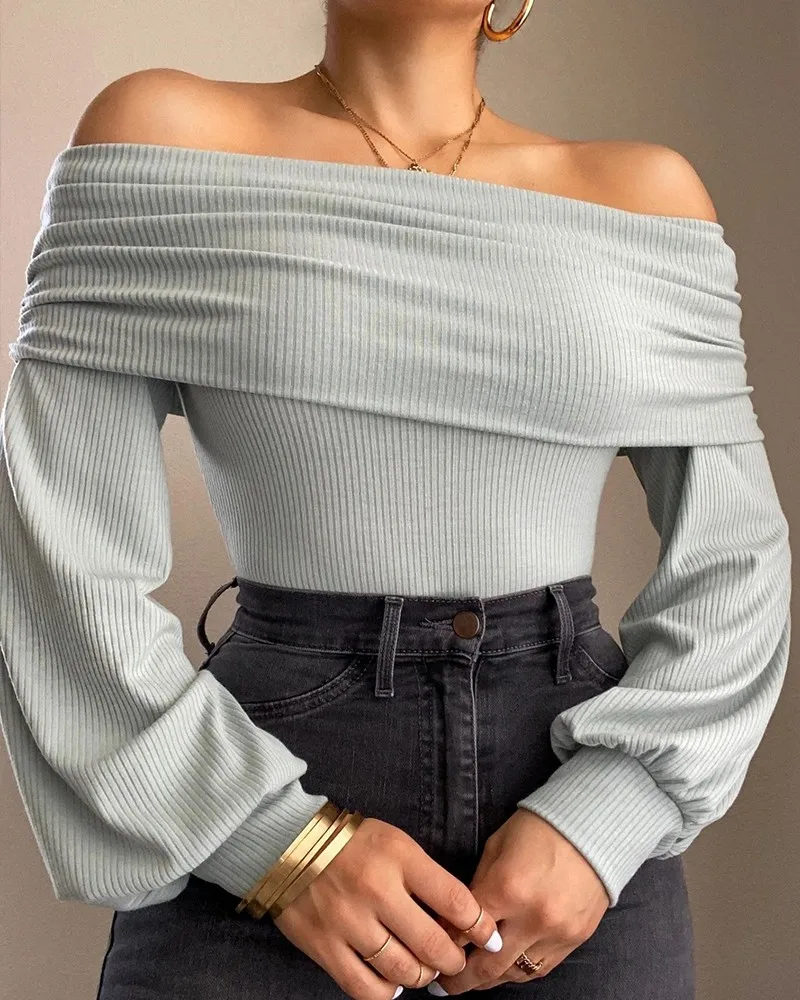 

Long Sleeved Sweater Women's Top Clothing 2021 Autumn New Fashion One Shoulder Wool Woven Tops Casual Women Solid Color