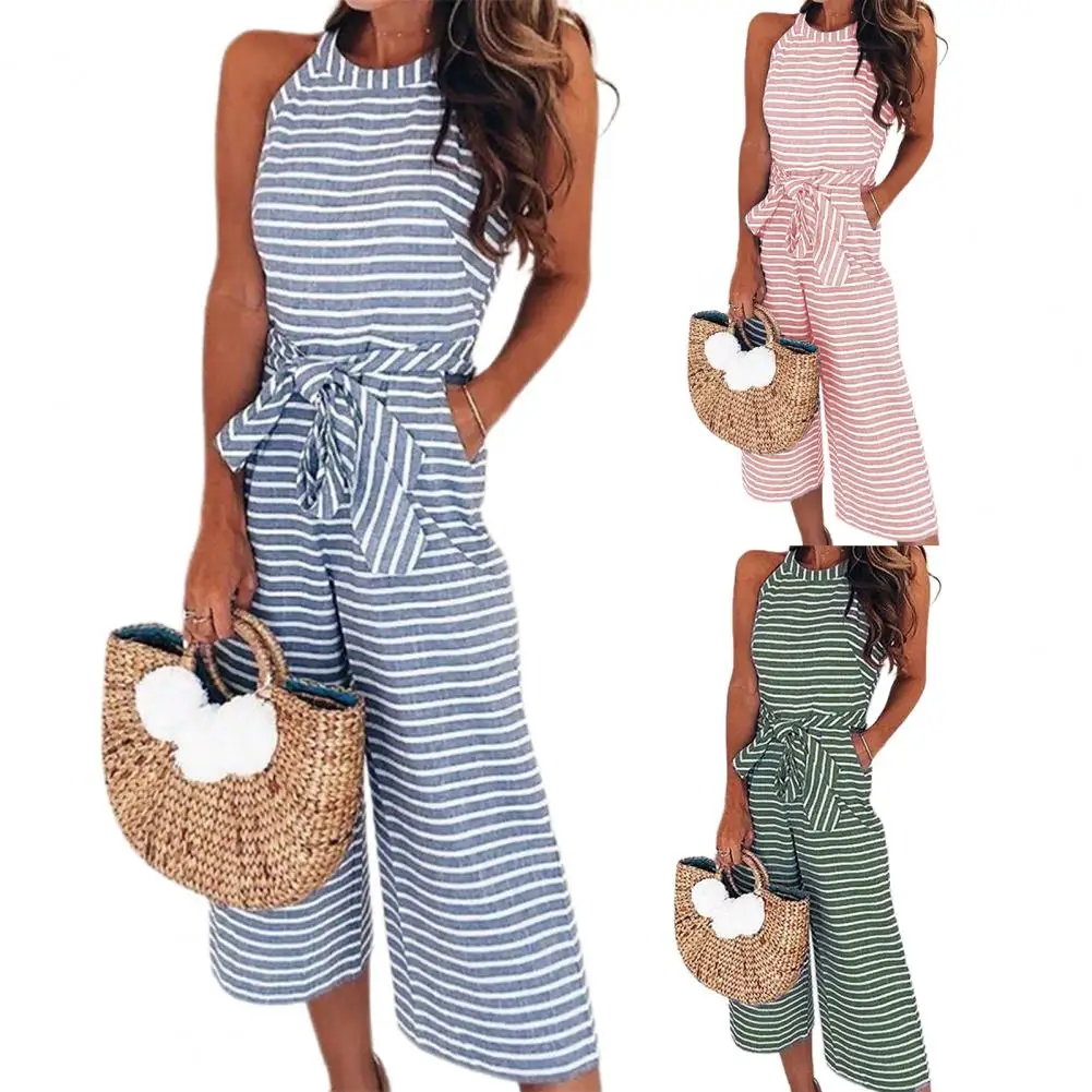 

3 Colors Women Women Stripe Printing Jumpsuit Female Playsuit Lace Up for Vacation