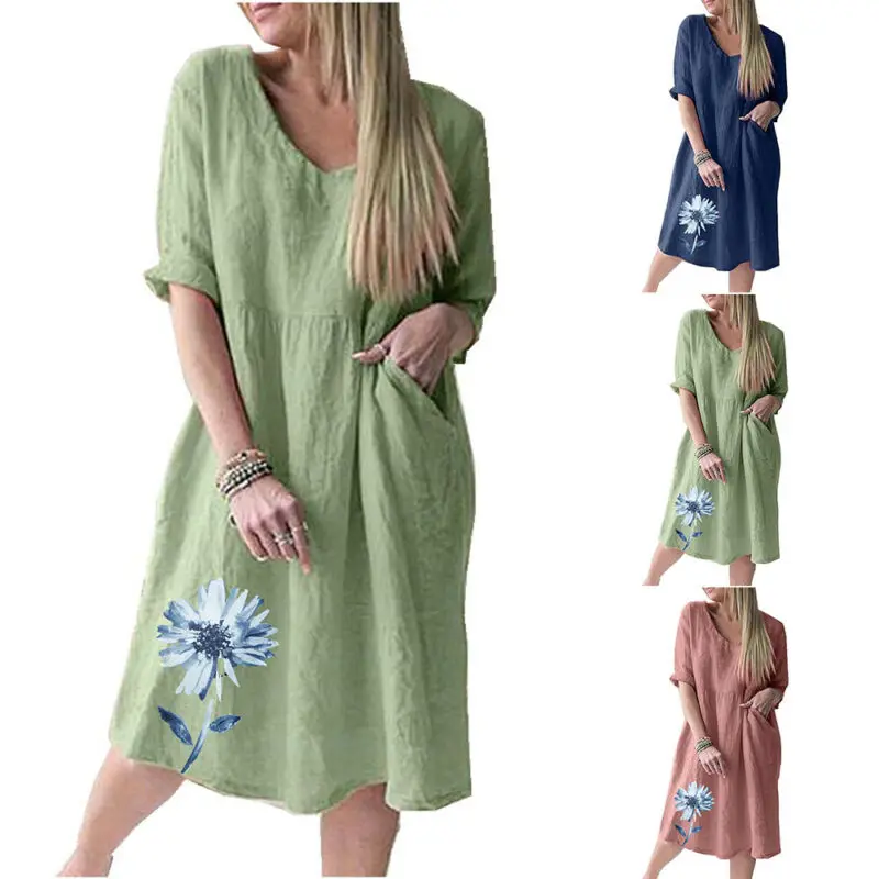 

Женские летние свободные платья-миди с принтом, V-образным вырезом и рукавом 3/4