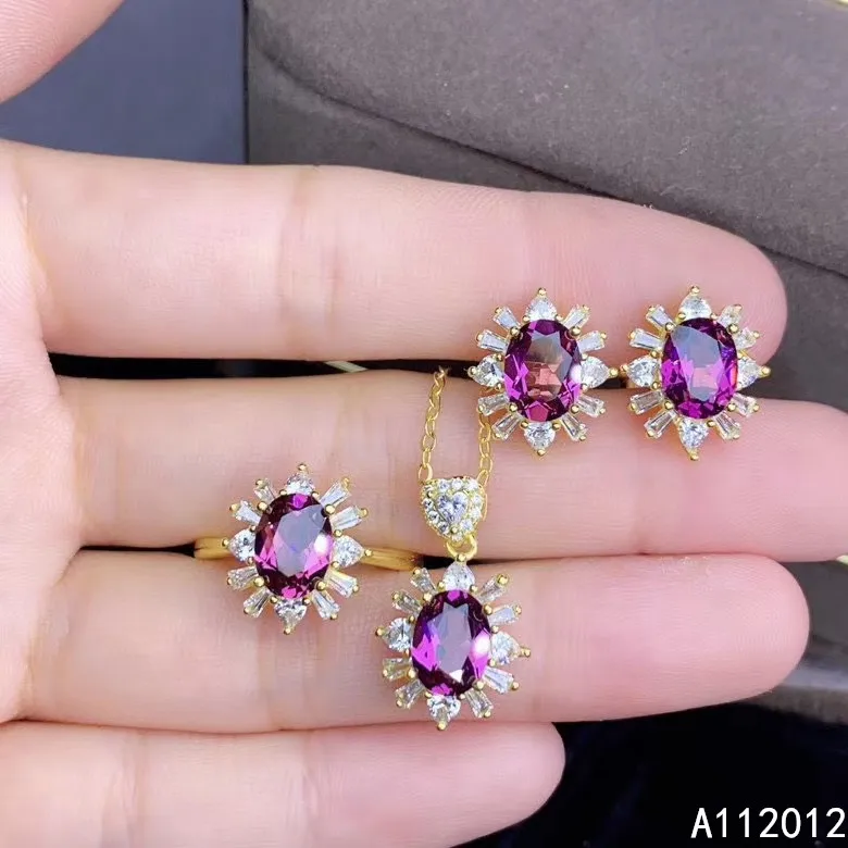 

KJJEAXCMY fine jewelry natural garnet 925 sterling silver lovely new girl pendant ring earrings set support test hot selling