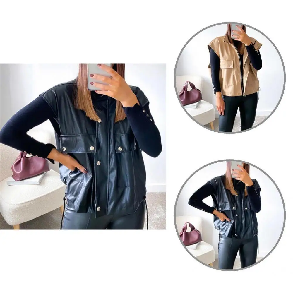 

Практичный жилет без рукавов на молнии, удобный короткий женский модный мотоциклетный жилет из искусственной кожи