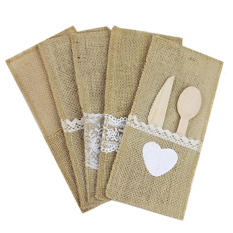 

5pcs/lot Burlap Lace Cutlery Pouch Rustic Wedding Tableware Knife Fork Holder Bag Hessian Jute Table Decoration for Home Party