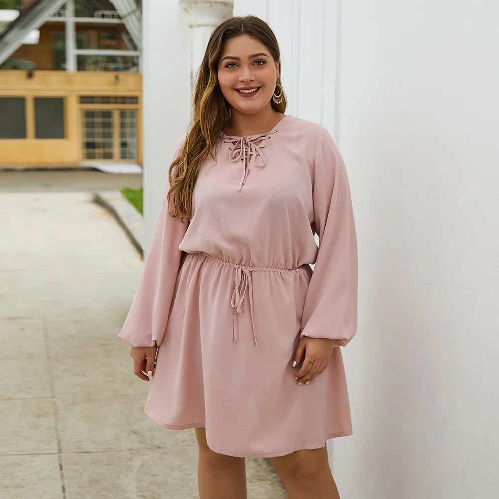 Женское шифоновое платье с длинным рукавом однотонное розовое в стиле преппи и