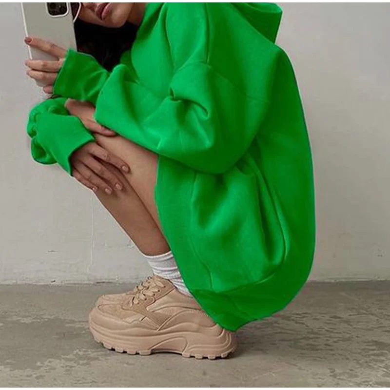 

Женский свитшот с длинным рукавом, зеленый Повседневный однотонный пуловер, толстовки оверсайз, джемпер в стиле ретро, Осень-зима 2021