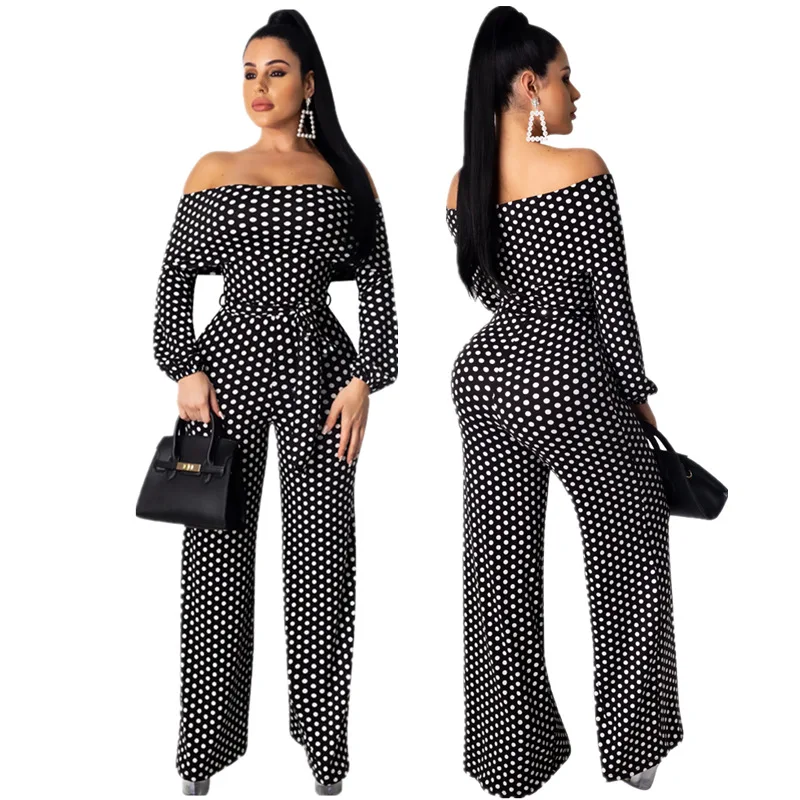 Черный белый в горошек с принтом Повседневный вырезом лодочкой комбинезоны 2019