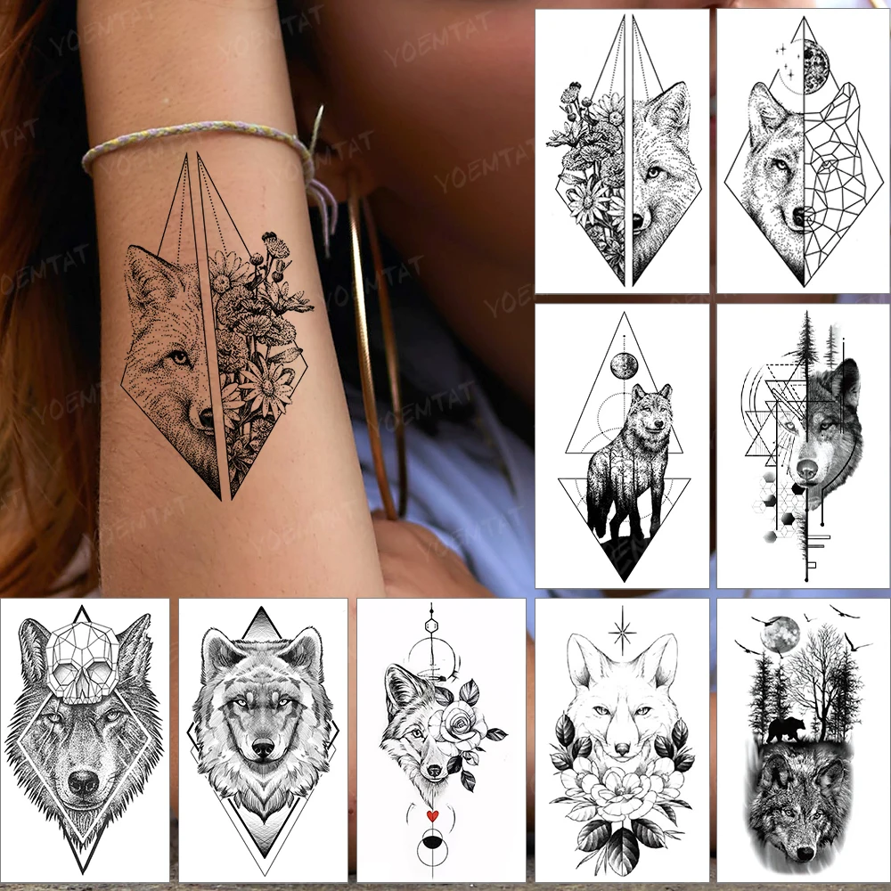 

Waterproof Temporary Tattoo Sticker Fake Tatoo Realistic Body Art Half Wolf Face And Flowers On Arm For Men Women Child Tattoos