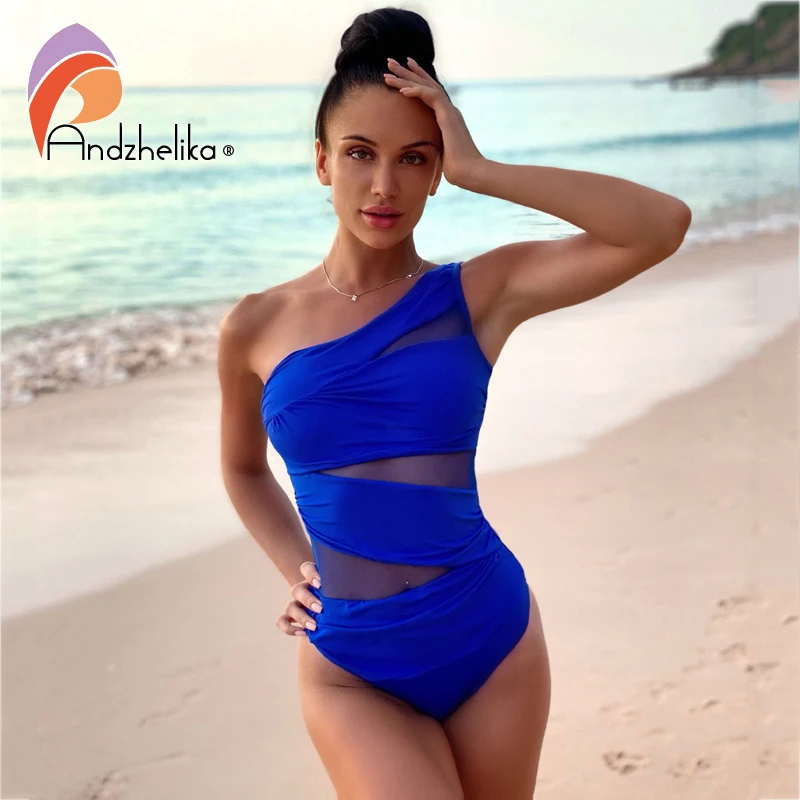 Andzhelika One Piece Swimsuit Women Sexy Shoulder Off Mesh Patchwork Swimwear Bathing Suit Monokini | Спорт и развлечения