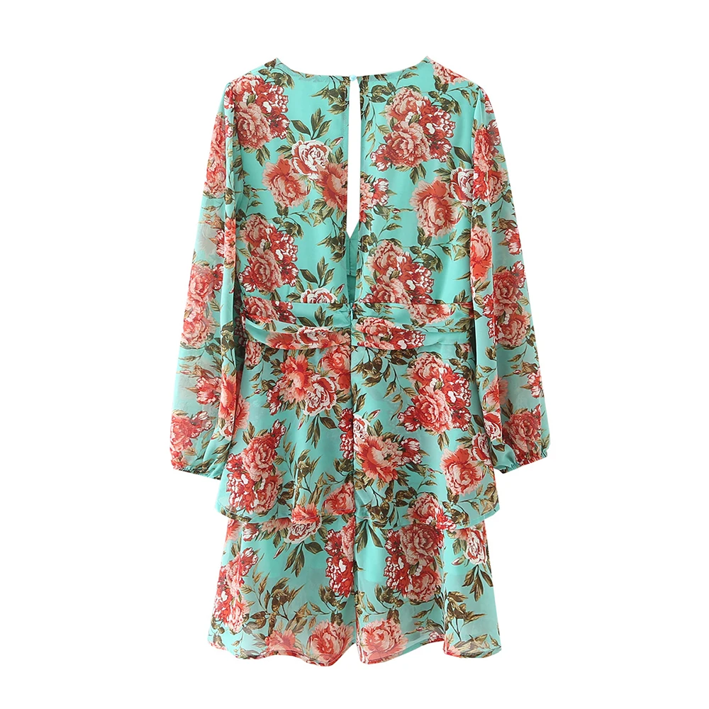 

2021 Summer Dress Women Printed Ruffled Elastic Waist V-Neck Short Floral Dresses Chic Lady Casual Fashion Women Sundress