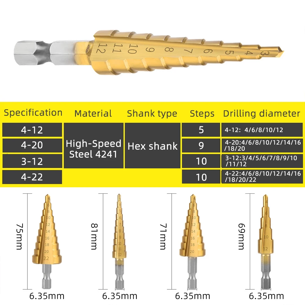 3-12mm 4-12mm 4-20mm Titanium Step Drill Bit Set Core Metal Drills Bits Stage Stepped For Wood Cone Woodworking Tools | Инструменты