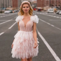 pink short wedding dresses feathers v neck mini bride dress ruffles tiered tulle party gowns backless 2022 vestido de noche
