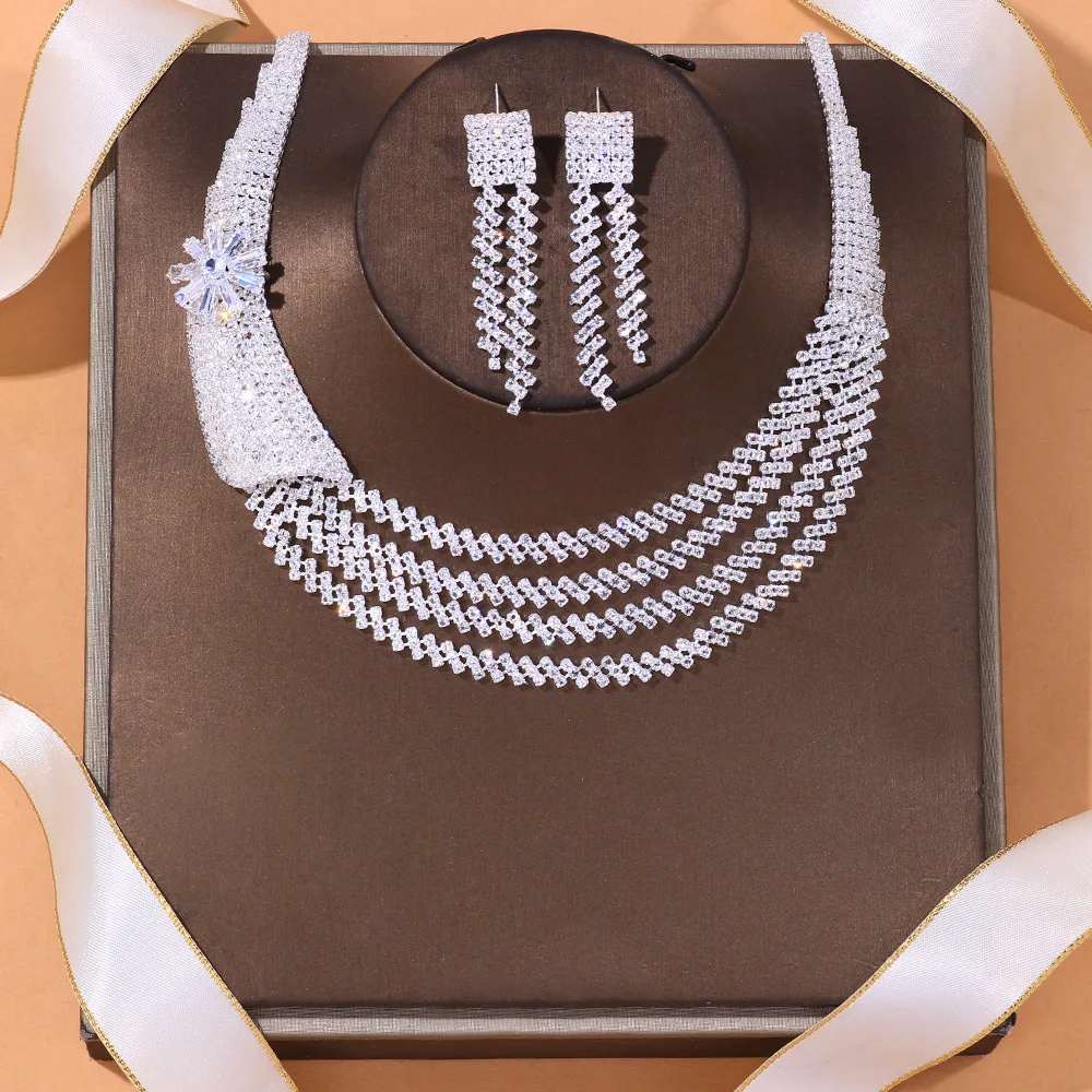 Stonefans-Conjunto de collar y pendientes multicapa con diamantes de imitación para mujer, accesorios de boda de lujo, conjuntos de joyería de novia africana, regalo