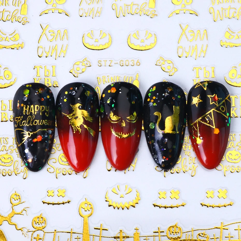 1 шт Золотой слайдер для ногтей на Хэллоуин 3D тату Череп Паук русская буква