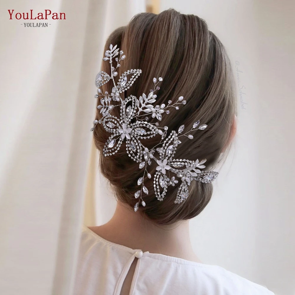 

YouLaPan HP305 Rhinestone Hair Tiara Silver Wedding Headband Bride Flower Hair Piece Handmade Bridal Wedding Hair Accessories