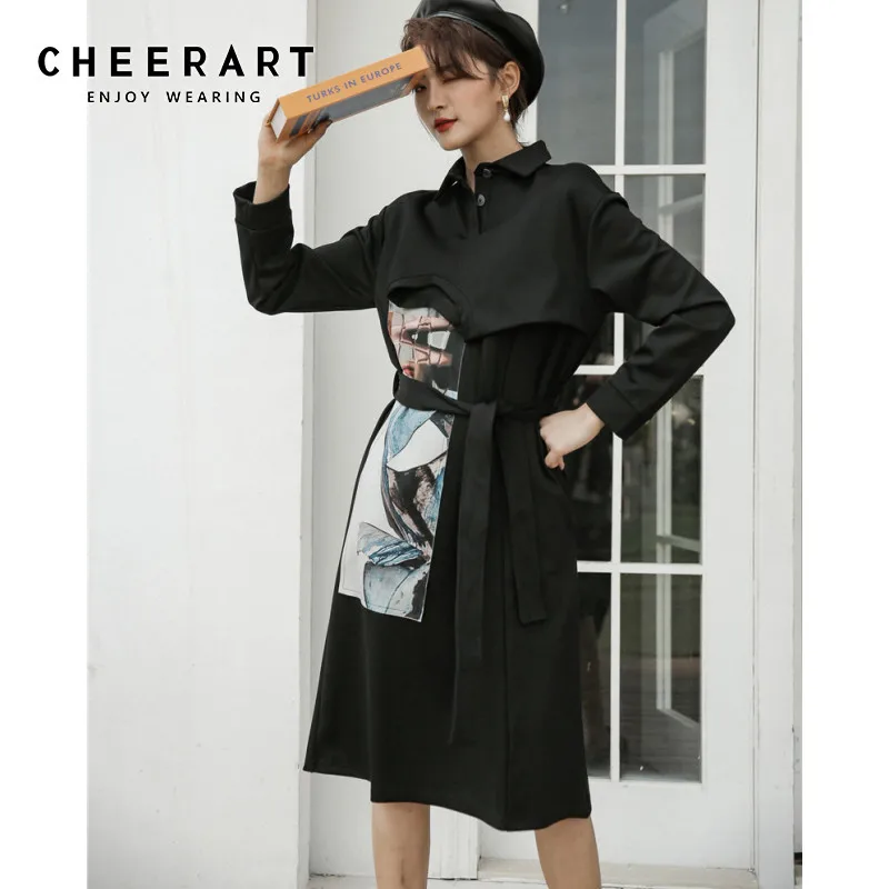 CHEERART зимнее черное трикотажное платье с воротником женское длинным рукавом на