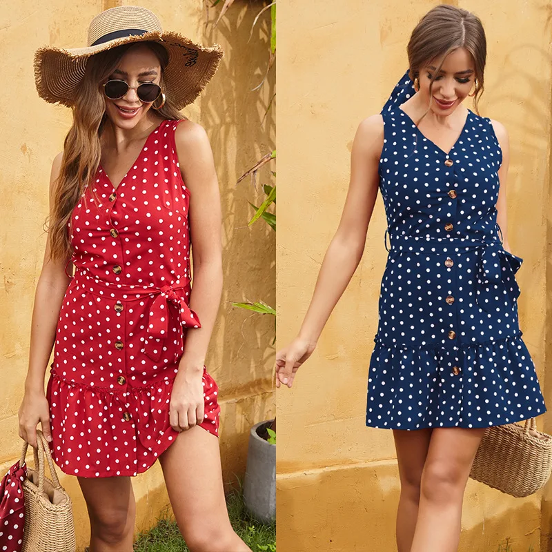 

Cute New Dress Dot Sleeveless A-line Casual Summer Above Knee, Mini Street Style V-neck Tank Natural Sashes 2021