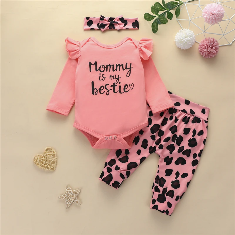 

Y.L.STUDIO Spring Autumn Toddler Girls Clothes Set 3PC Romper Pants Headband Letter Lepoard Print Infants Outfits Baby Clothing
