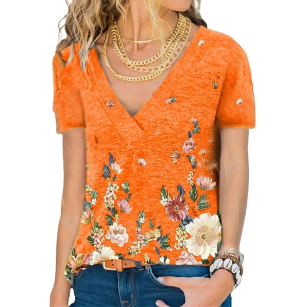 

Женская воздухопроницаемая блузка из полиэстера с V-образным вырезом и цветочным принтом