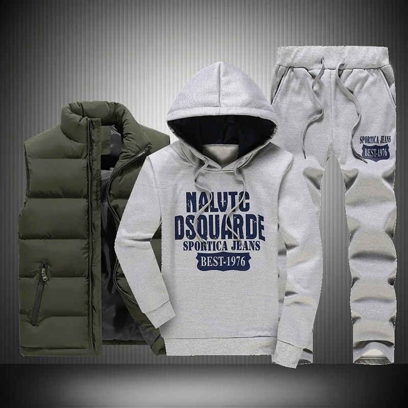 

Men Outfit Set Thicken Warm Tracksuit Men 3 Pieces Hooded Fleece Hoodies+Zipper Vest+Sweatpants Track Suit Print Sportswear Coat