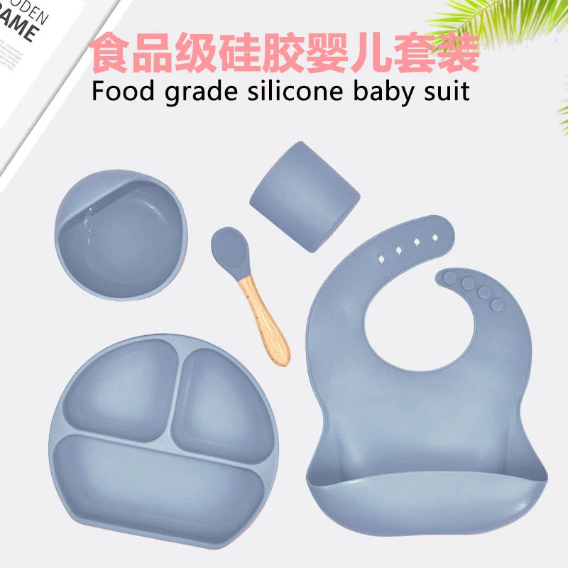 Vajilla de alimentaci&oacute;n de silicona de 5 piezas, juego de vajilla de succi&oacute;n, plato, cuencos, Platos Para Beb&eacute;, taza, cuchara, babero-1