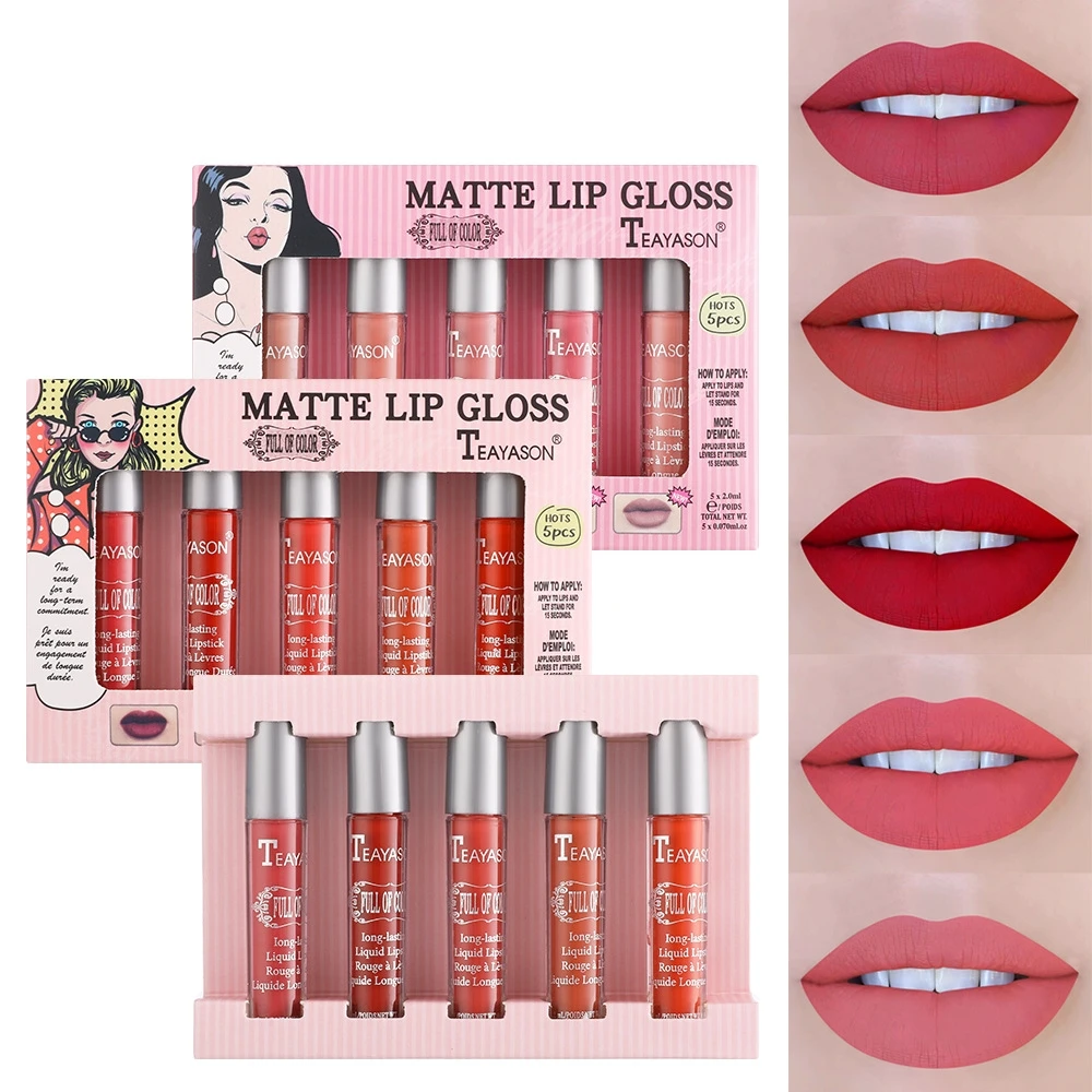 

5Pcs/Box British Style Velvet Lip Gloss Non-fading Lip Glaze Mirror Non-stick Lipstick Lip Gloss With 3 Colors As You Want