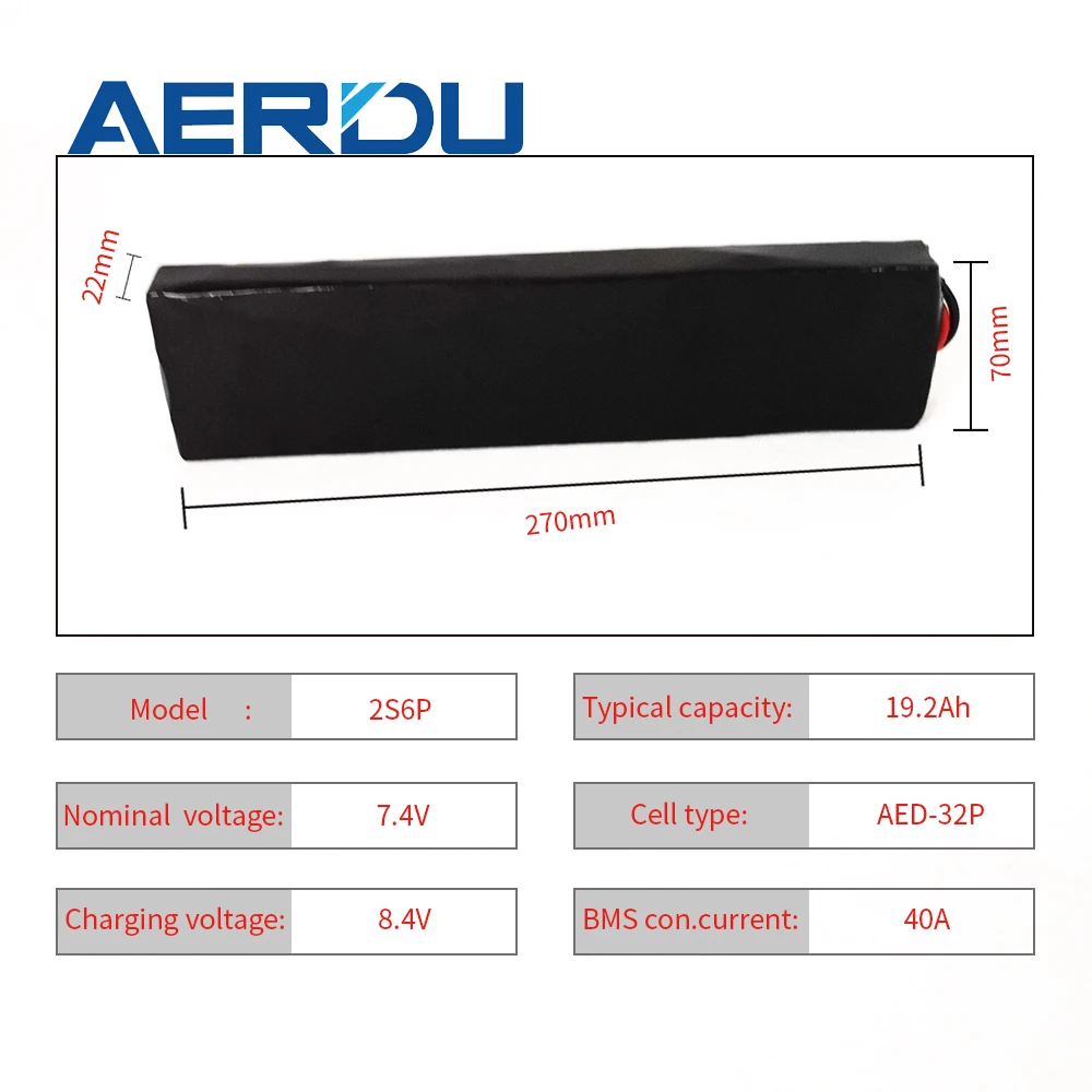 

AERDU 7.4v 19.2Ah 2S6P Portable Rechargeable 18650 LiIon Battery Pack 200w for Golf Cart Electric Hoverboard Backup Power Supply